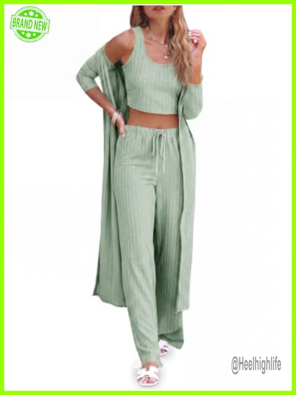 Women's 3 Piece Lounge Set Ribbed Knit PJ Set Wide Leg Pants